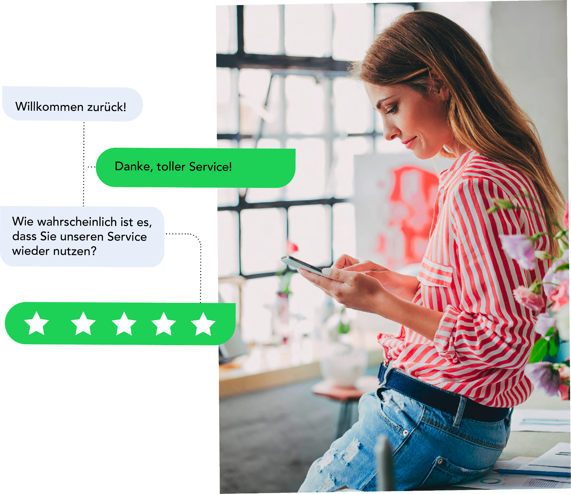 Woman using smartphone with chat interface showing conversation and 5-star rating